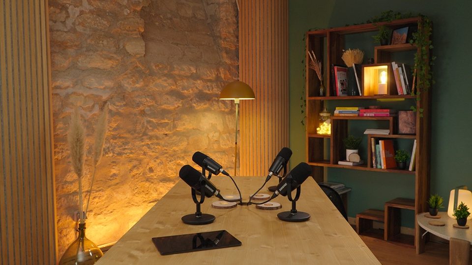Configuration 3 : table, micros, bibliothèque et mur en pierre